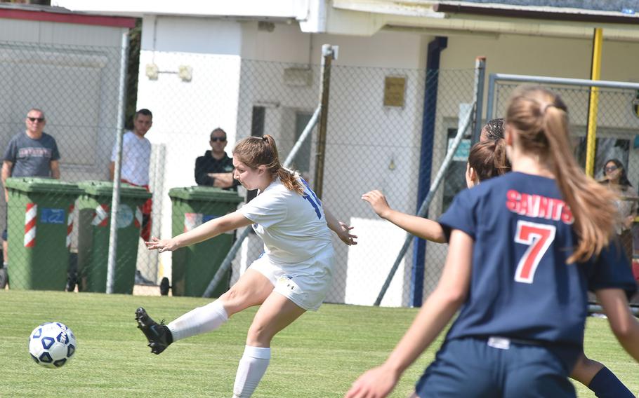 Sigonella's Isabelle Ballzea shoots against Aviano on Saturday, April 30, 2022 in Aviano, Italy.