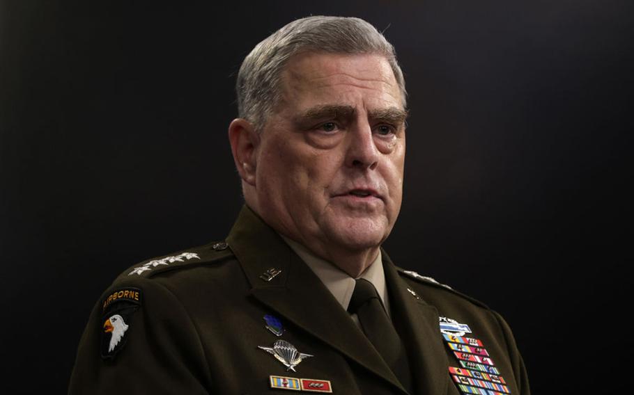 U.S. Chairman of the Joint Chiefs of Staff Gen. Mark Milley, seen here on July 21, 2021, in Arlington, Va., spoke with a top Russian military leader about growing tensions over Ukraine.