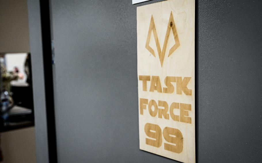 A Task Force 99 sign hangs on the door to the team’s work center at Al Udeid Air Base, in Qatar. 