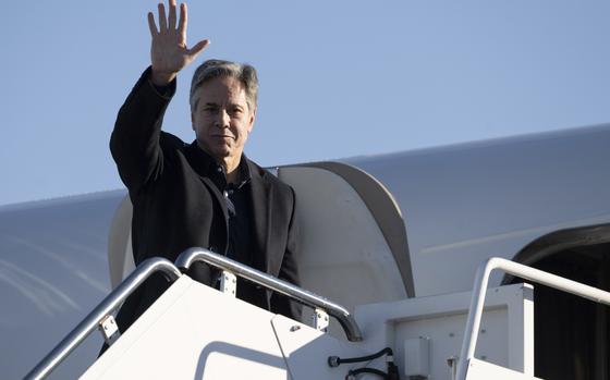 U.S. Secretary of State Antony Blinken boards his aircraft prior to departure, Monday, Nov. 27, 2023, at Andrews Air Force Base, Md., as he travels to Brussels for a NATO Foreign Ministers meeting.