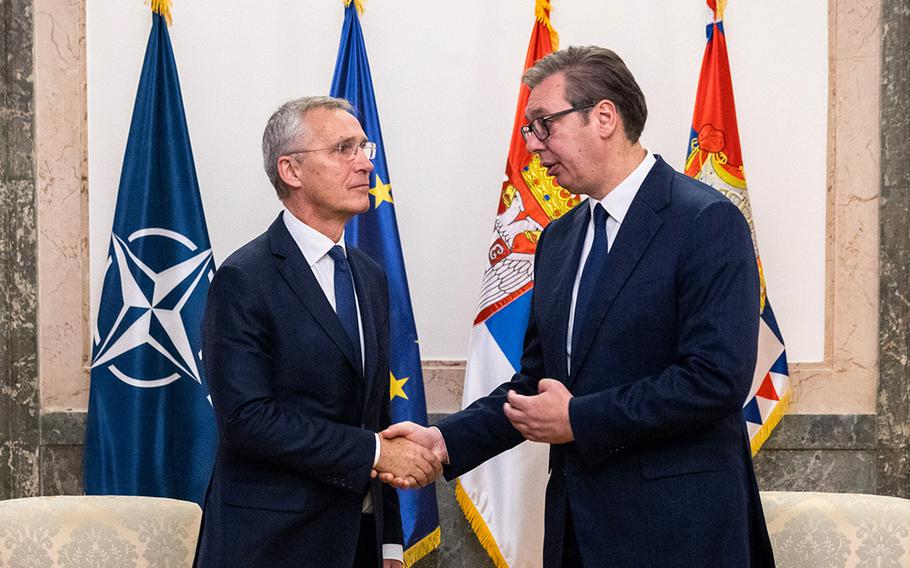 NATO Secretary-General Jens Stoltenberg meets with Serbian President Aleksandar Vucic in Belgrade, Nov. 21, 2023.