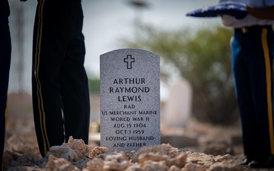 U.S. service members assigned to Combined Joint Task Force-Horn of Africa attend a burial rededication ceremony in honor of World War II veteran Arthur Lewis at the New European Cemetery in Djibouti city, Djibouti, Oct. 28, 2021.