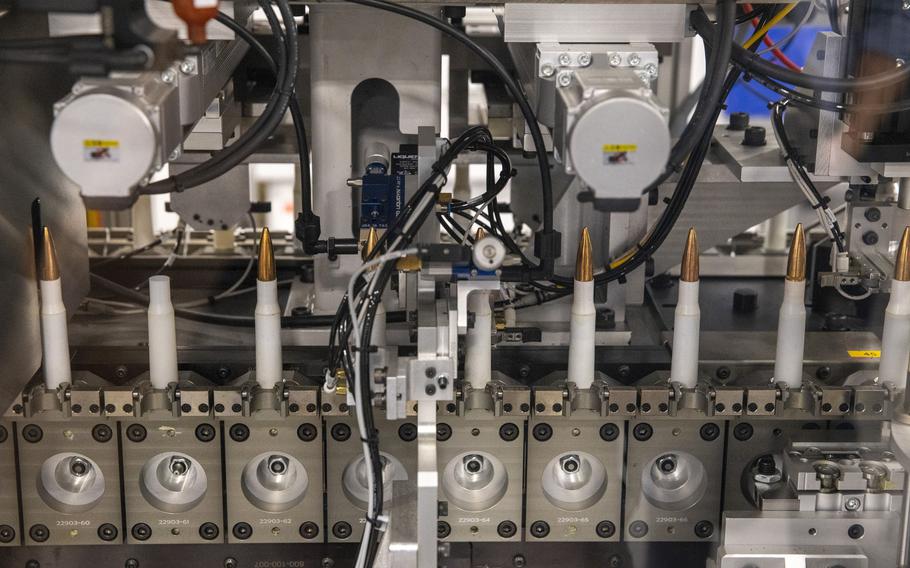 A mechanized process attaches ammunition parts at the True Velocity manufacturing center in Garland, Texas.