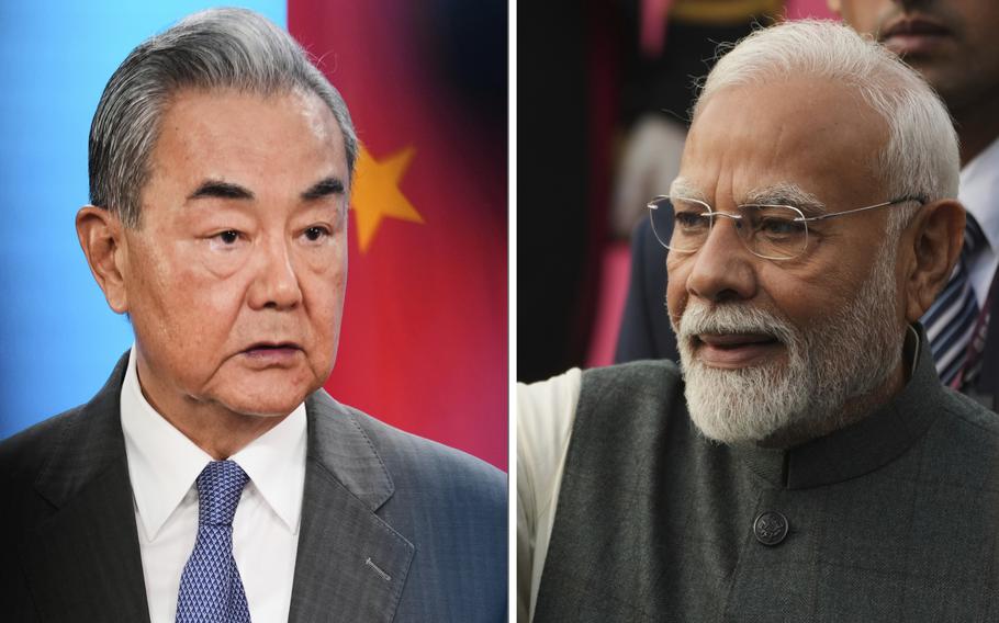 This combination of file photos show, on left, Chinese Foreign Minister Wang Yi briefing the media in Berlin, Germany, on July 3, 2025 and on right,Indian Prime Minister Narendra Modi waving to journalists in Buenos Aires, Argentina,on July 5, 2025. 