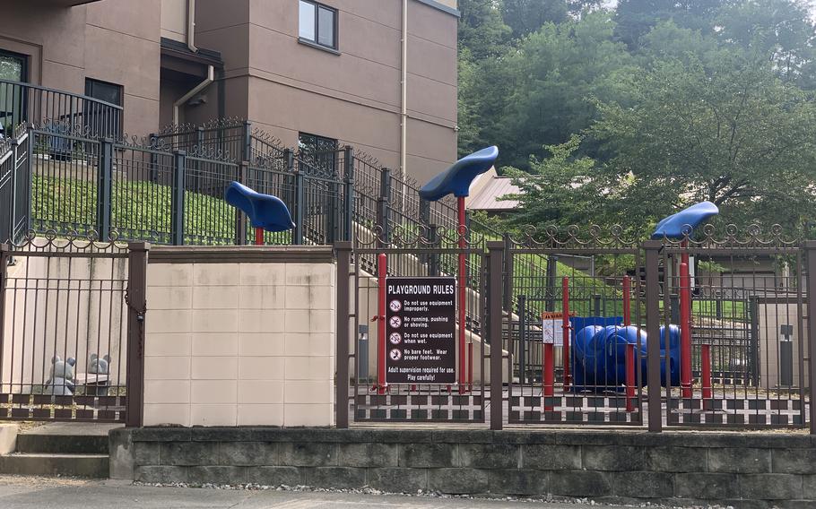 The playground at the Jirisan Tower residential complex on Osan Air Base, South Korea, was closed on Friday, Sept. 9, 2022, after a small amount of lead-based paint was discovered on the slide. 