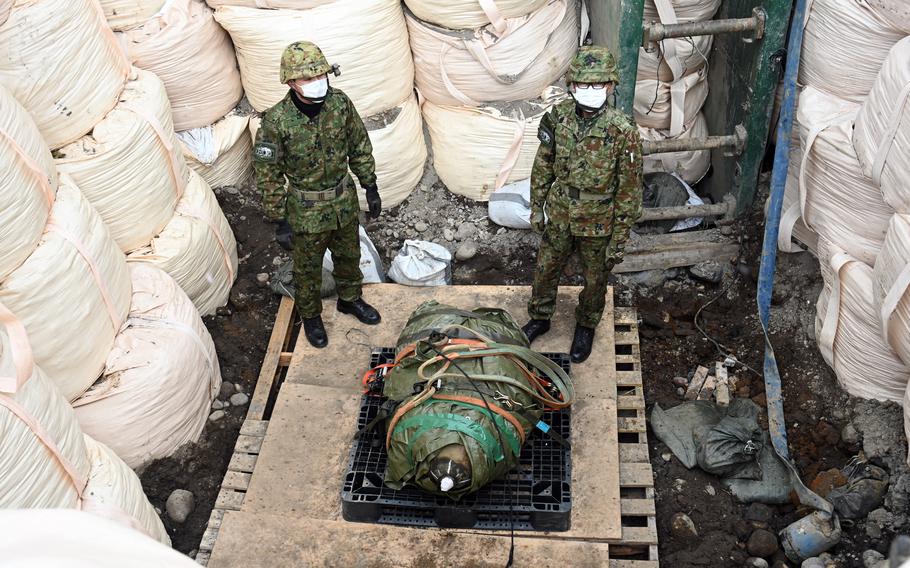 A 550-pound explosive from World War II, believed to be American-made, was disarmed in Usa City, Japan, Monday, Feb. 21, 2022.