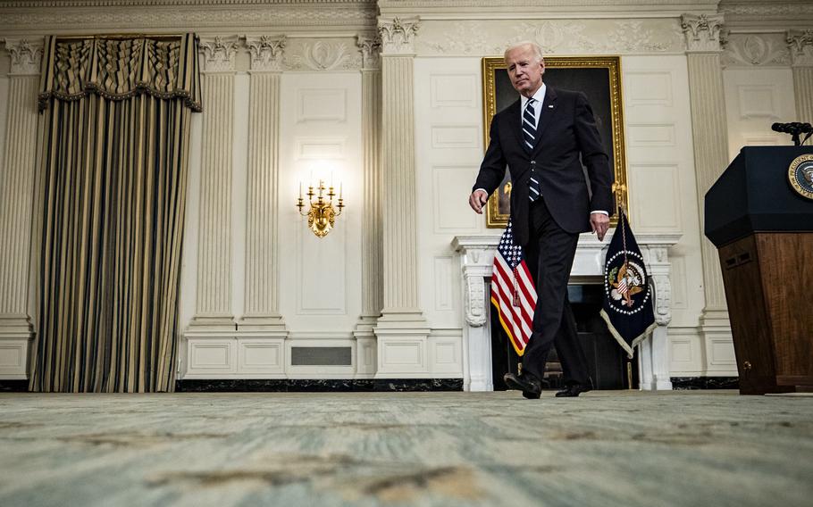 President Joe Biden departs after speaking in the State Dining Room of the White House in Washington, D.C., on Sept. 9, 2021.