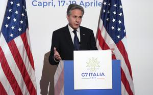 U.S. Secretary of State Antony Blinken speaks at a press conference at the G7 Foreign Ministers meeting on Capri Island, Italy, on April 19, 2024.