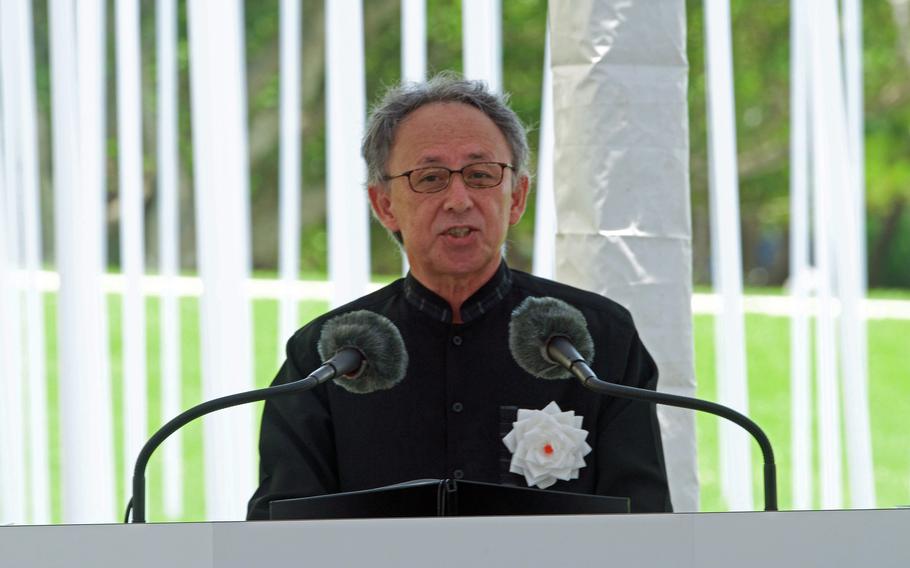 Okinawa Gov. Denny Tamaki speaks during the Irei no Hi ceremony at Peace Memorial Park in Itoman, Okinawa, Friday, June 23, 2023.
