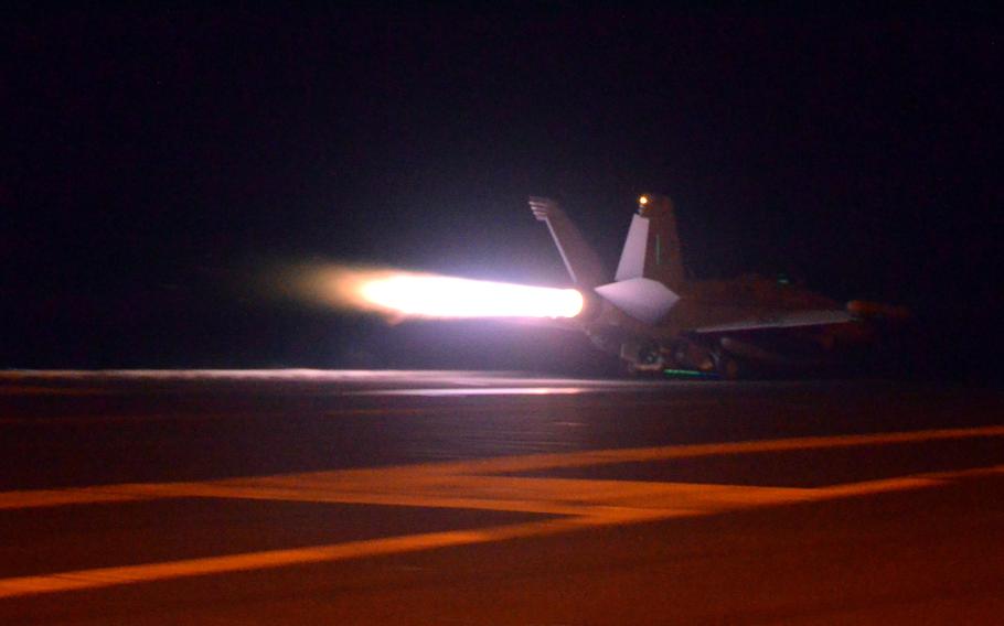 An F-35 Lightning II stealth fighter catapults from the flight deck of the USS Carl Vinson during a multi-carrier exercise in the Philippine Sea, Sunday, Nov. 5, 2023. 