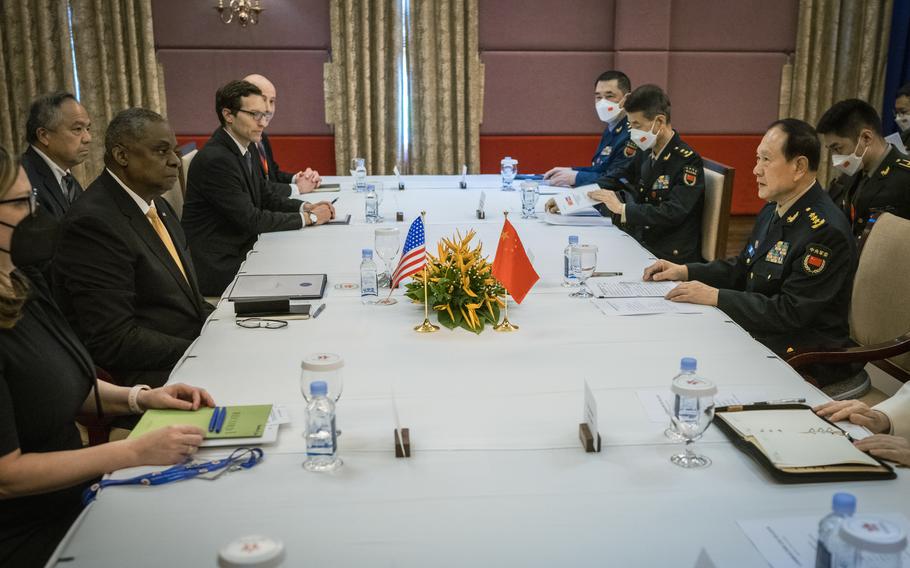 Defense Secretary Lloyd Austin meets with Gen. Wei Fenghe, China's defense minister, on the margins of the Association of Southeast Asia Nations Defense Ministers Meeting-Plus in Siem Reap, Cambodia, Nov. 22, 2022. Next week, NATO member state foreign ministers will meet in Romania to discuss limiting their economic reliance on China.