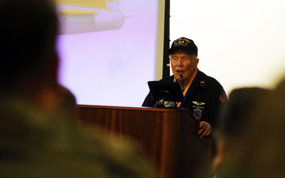 Capt. Dick Nelms, World War II pilot addresses the audience during a presentation of the Knight of the Honorable Order of Saint Michael award at the Washington Army National Guard Aviation Readiness Center, Joint Base Lewis-McChord, Wash., on Sunday, March, 3, 2024. 