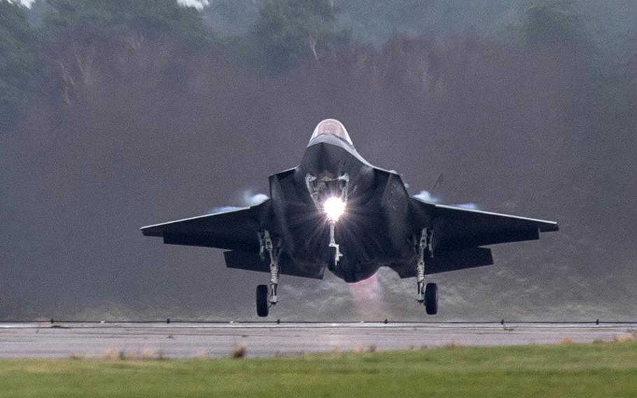 A U.S. Air Force F-35A Lightning II assigned to the 495th Fighter Squadron takes off from RAF Lakenheath, England, Jan. 3, 2024. The aircraft has been repeatedly tested for the capability to deliver a nuclear payload.