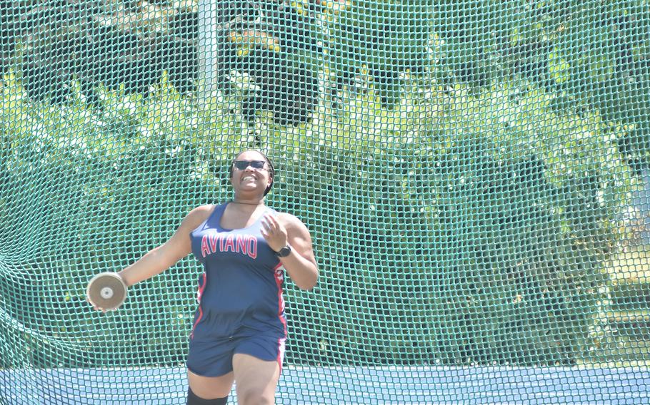 Aviano’s Alayna Williams won the shot put and also competed in the discus at a DODEA-Europe track meet in Pordenone, Italy on Saturday, April 29, 2023.