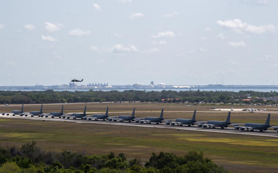 Eighteen U.S. Air Force KC-135 Stratotankers assigned to the 6th and 927th Air Refueling Wings, and two U.S. Army UH-60 Black Hawks assigned to the 5th Battalion, 159th Regiment, participate in Operation Violent Storm at MacDill Air Force Base, Fla., April 26, 2023.