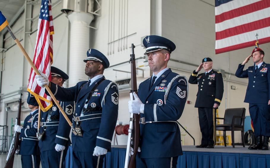 The 123rd Airlift Wing Honor Guard presents the colors during a ceremony at the Kentucky Air National Guard Base in Louisville, Ky., June 12, 2021, to bestow the Airman’s Medal to Master Sgt. Daniel Keller, a combat controller in the 123rd Special Tactics Squadron. 