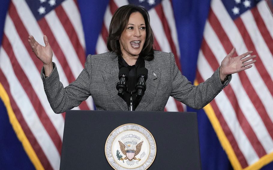 Vice President Kamala Harris speaks at the International Union of Painters and Allied Trades District Council 7, Monday, Jan. 22, 2024, in Big Bend, Wis.  