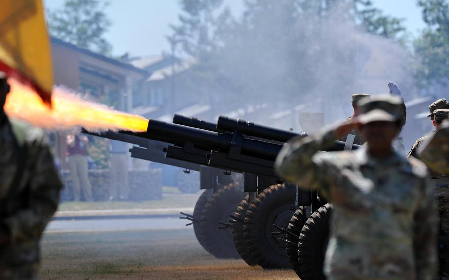 Cannons fire a salute during the U.S. Army Europe and Africa change of command ceremony in Wiesbaden, Germany, on June 28, 2022. Gen. Darryl Williams took command of the unit from Gen. Christopher Cavoli.