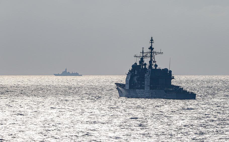 Ticonderoga-class, guided-missile cruiser USS Antietam transits the East China Sea during routine operations on Aug. 28, 2022, in the Taiwan Strait. The USS Chancellorsville, another Ticonderoga-class, guided-missile cruiser, is forward-deployed to the U.S. 7th Fleet area of operations in support of a free and open Indo-Pacific region. 