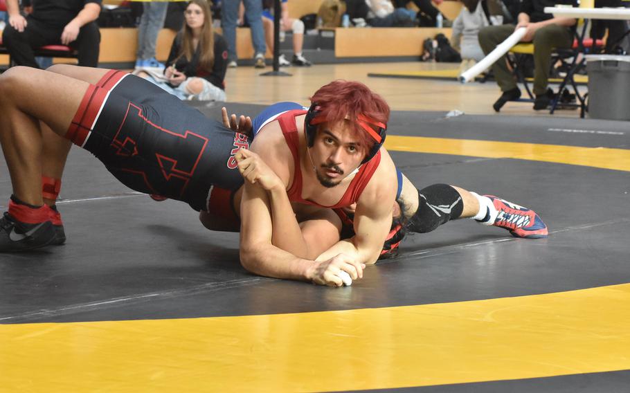 Lakenheath’s Lucius Bowman was too much for Kaiserslautern’s Noah Wagner at 165 pounds at the DODEA European Wrestling Championships Friday, Feb. 9, 2024, in Wiesbaden, Germany.