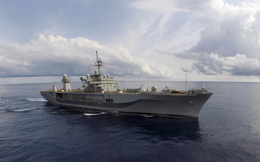 USS Mount Whitney transits the Mediterranean Sea in 2018. The flagship of the Naples, Italy-based U.S. 6th Fleet has a full maritime operations center that gives the service heightened command and control capabilities at sea.