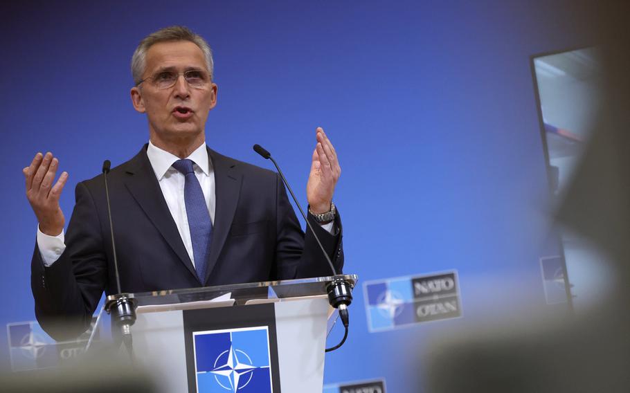 NATO Secretary General Jens Stoltenberg speaks during a media conference after a meeting of the NATO-Ukraine Commission at NATO headquarters in Brussels, Tuesday, Feb. 22, 2022. World leaders are getting over the shock of Russian President Vladimir Putin ordering his forces into separatist regions of Ukraine and they are focusing on producing as forceful a reaction as possible. Germany made the first big move Tuesday and took steps to halt the process of certifying the Nord Stream 2 gas pipeline from Russia. 