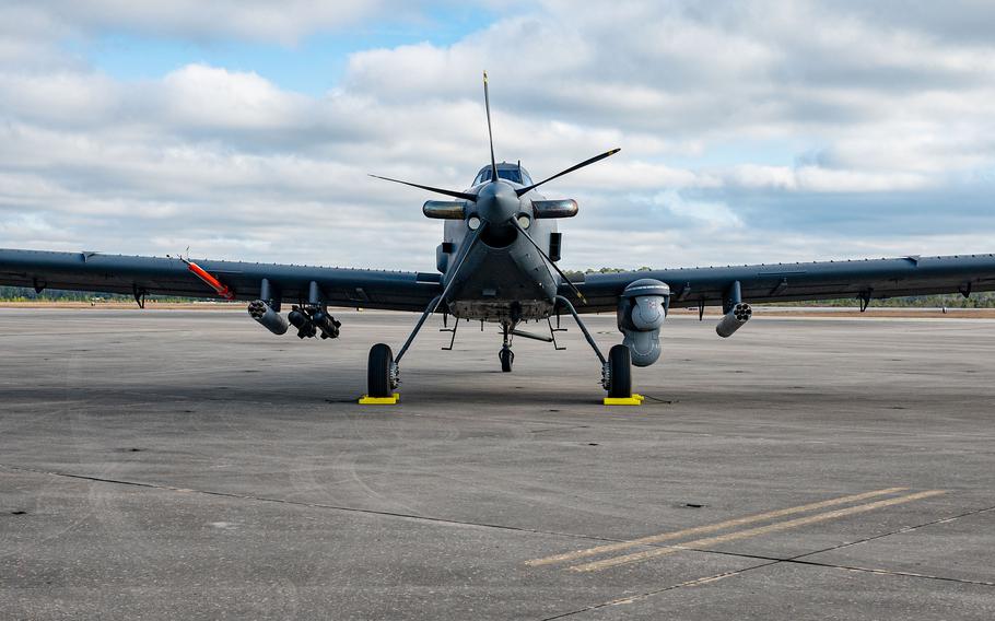 A front view of an aircraft parked.