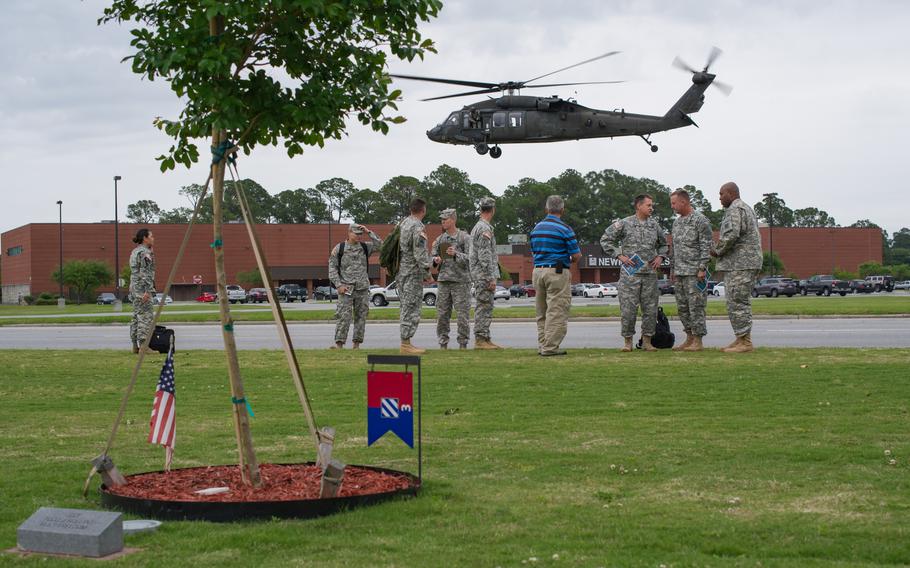 A UH-60 Black Hawk helicopter takes off at Fort Stewart, Ga., on April 28, 2015. A soldier was killed in an early morning helicopter crash at Fort Stewart on Wednesday, March 30, 2022, officials at the Army post said. The crash involved two UH-60 Black Hawk helicopters.