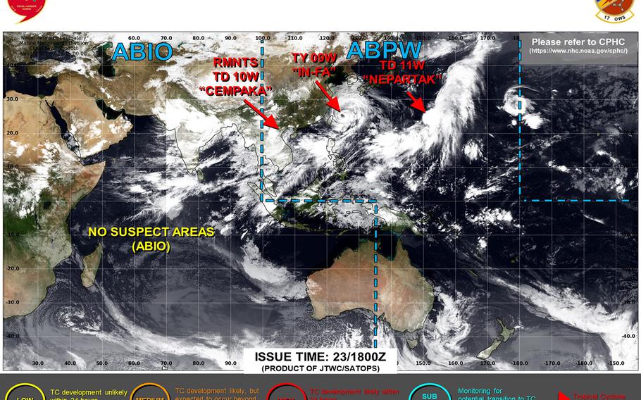 Okinawa continues to endure gusts and showers as Typhoon In-fa moves southwest.