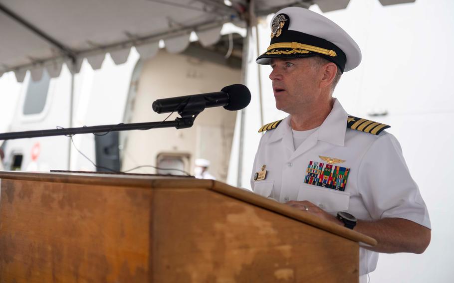Capt. John Kurtz, commanding officer of USS Somerset, gives opening remarks during a 9/11 remembrance ceremony in 2020.
