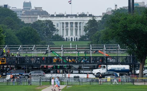 Work is underway on preparations for the U.S. Army's 250th birthday celebration, which will take place Saturday. MUST CREDIT: Eric Lee/For The Washington Post
