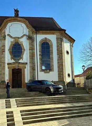 An American driver followed his car's GPS around a construction area and ended up on the steps of St. Aegidius Parish Church near the market square in Vilseck, Germany on October 27, 2022, according to local police. The city has a large US military presence.