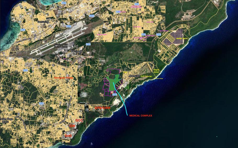 A satellite map of central Guam shows the locations of Tamuning, Barrigada and Mangilao, with a planned “Medical Complex” marked in red text along the southeastern coastline.