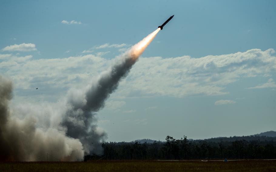 Soldiers of 1st Battalion, 1st Air Defense Artillery Regiment, fire the MIM-104 Patriot to destroy a drone target at Camp Growl in Queensland, Australia, on July 16, 2021.