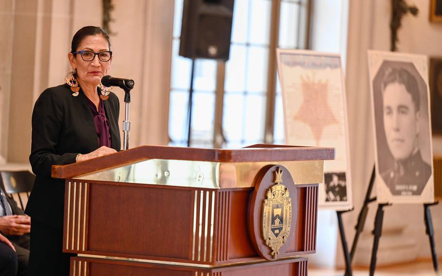 Interior Secretary Deb Haaland delivers remarks at a ship naming ceremony for the future USS Ernest E. Evans, in Annapolis, Md., Nov. 15, 2023.  The future Arleigh Burke-class destroyer would be named for Evans, a Native American, a Medal of Honor recipient and Naval Academy graduate. Haaland, the first Native American to serve as a cabinet secretary, will be the ship’s sponsor.