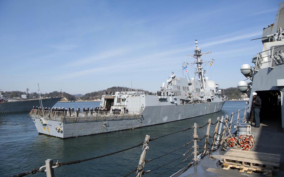 The guided-missile destroyer USS John Finn arrives at Yokosuka Naval Base, Japan, Saturday, March 4, 2023.