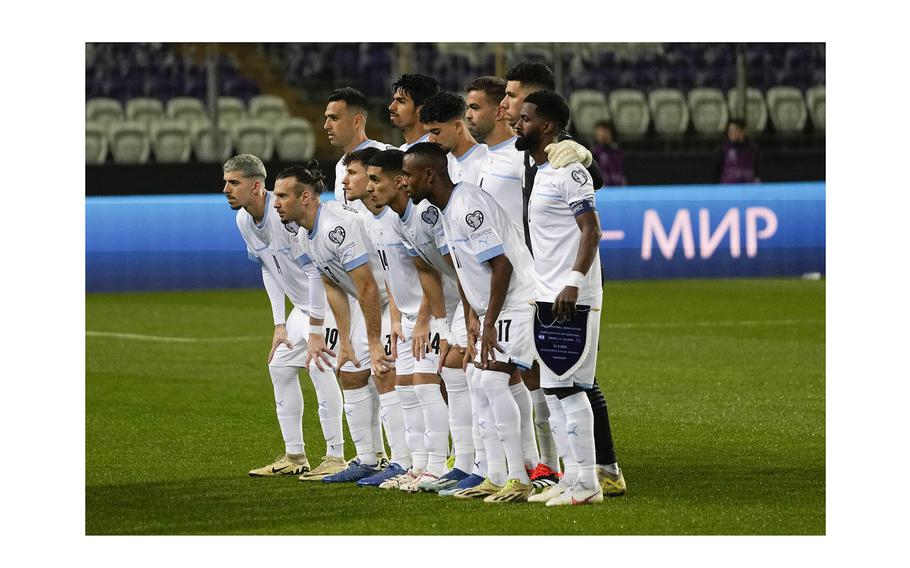 Israel players pose prior to the start of the Euro 2024 qualifying play-off soccer match between Israel and Iceland, at Szusza Ferenc Stadium in Budapest, Hungary, on March 21, 2024. 
