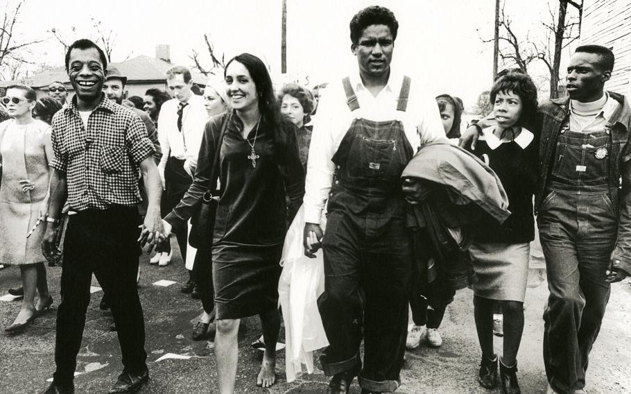 From left, James Baldwin, Joan Baez and civil rights leader James Forman at the 1963 March on Washington.