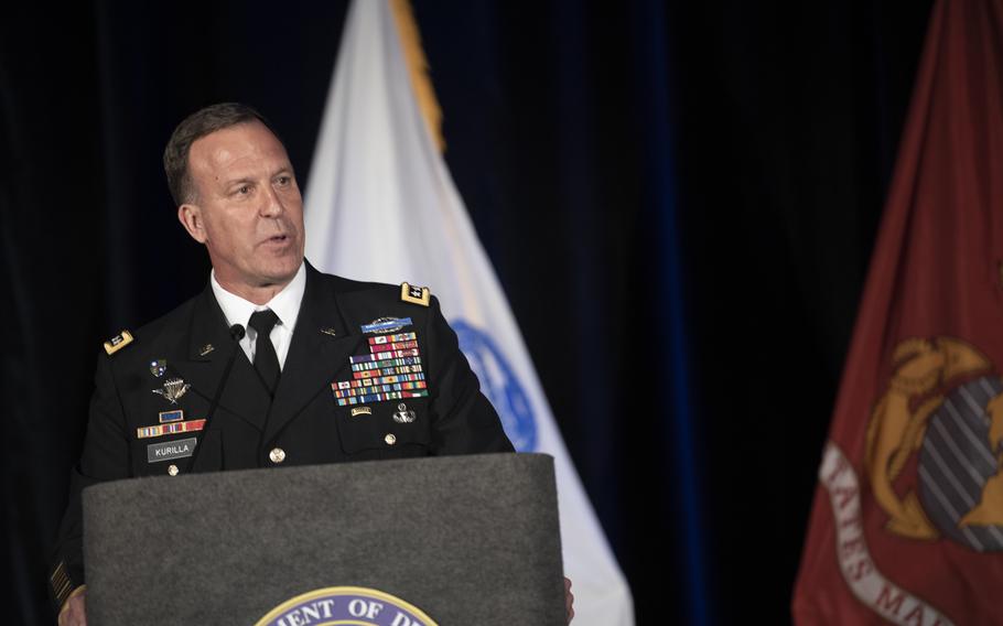 The commander of U.S. Central Command, U.S. Army Gen. Michael Kurilla, delivers remarks after assuming command in Tampa, Fla., April 1, 2022. 