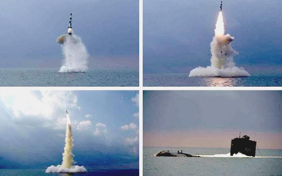 Images released by the Korean Central News Agency show a submarine-launched ballistic missile test by North Korea, Tuesday, Oct. 19, 2021.