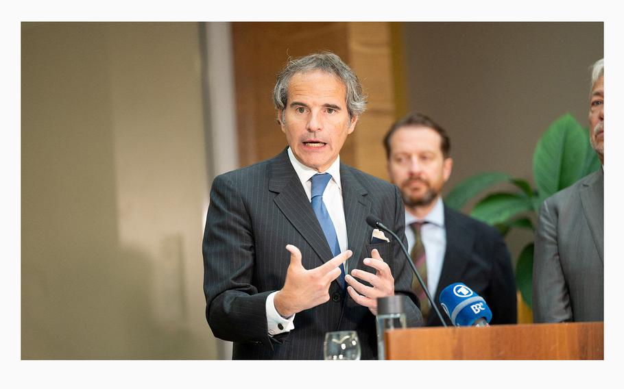 International Atomic Energy Agency (IAEA) Director General Rafael Grossi attends a press conference upon his return from talks in Iran at Vienna International Airport in Schwechat, Austria, May 7, 2024. 