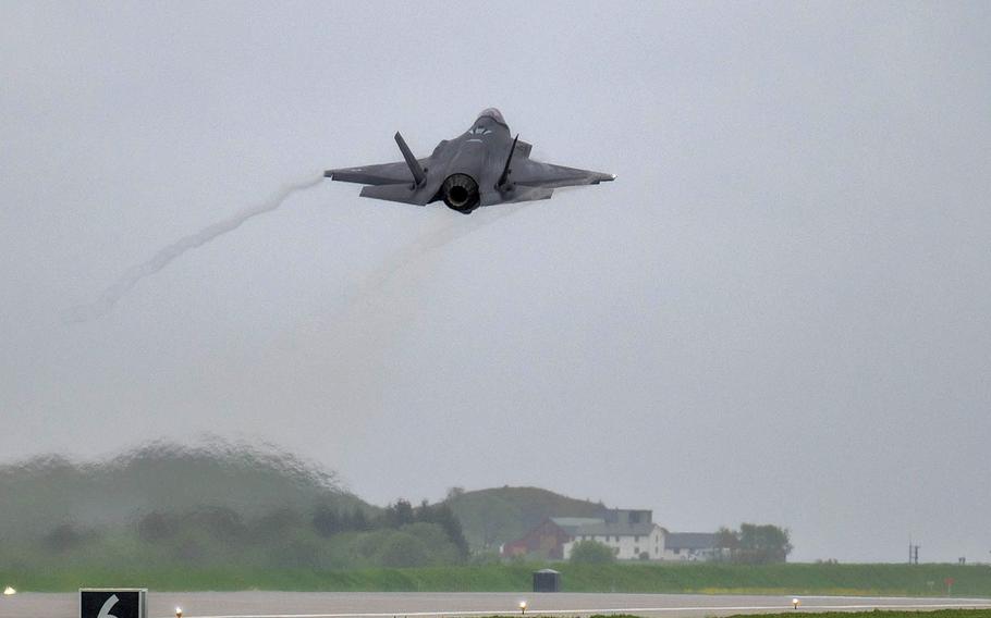 A U.S. Air Force F-35A Lightning II assigned to the 493rd Fighter Squadron at RAF Lakenheath, England, takes off prior to Arctic Challenge at Orland Air Base, Norway, on May 23, 2023. The exercise in Norway, Sweden and Finland, in which 14 countries are participating, began May 29 and lasts until June 9.