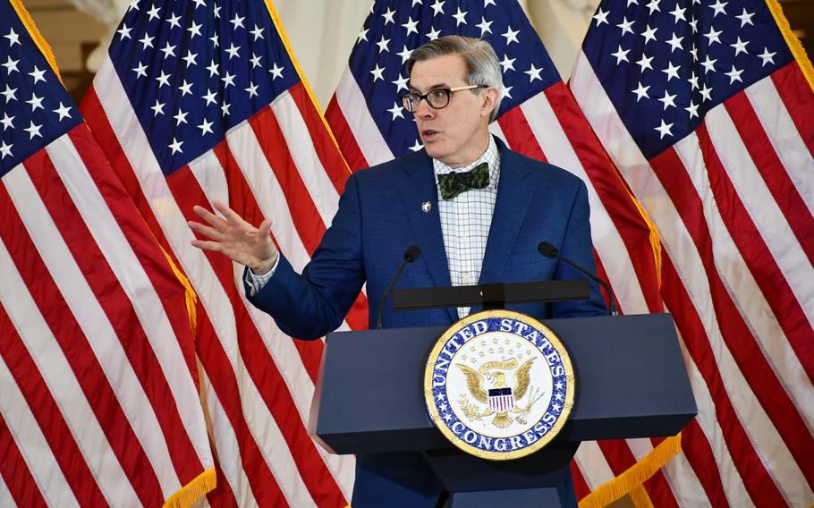 Rick Beyer, president of the board for the Ghost Army Legacy Project, speaks during a ceremony to honor veterans who served with the World War II Ghost Army on March 21, 2024.