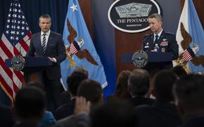 Secretary of Defense Pete Hegseth and Chairman of the Joint Chiefs of Staff Gen. Dan Caine conduct a press briefing at the Pentagon, Washington, D.C., June 22, 2025. (DoD photo by U.S. Navy Petty Officer 1st Class Alexander Kubitza)