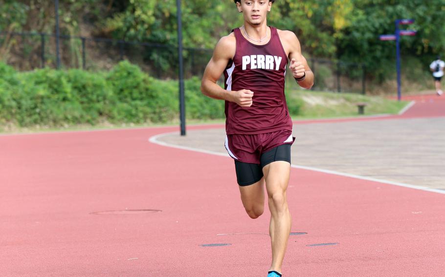 Matthew C. Perry's Tyler Gaines' time of 15 minutes, 56.8 seconds leads all DODEA-Pacific runners this season and trails only St. Mary's William Beardsley (15:24).