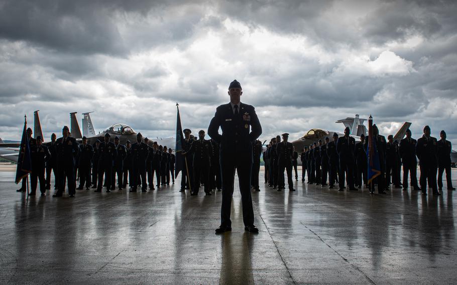 Airmen of the Third Air Force stand in formation led by their commander, Maj. Gen. Derek France, during a change of command ceremony June 27, 2022, at Ramstein Air Base, Germany. France took the reins of the only numbered air force in U.S. Air Forces in Europe and Air Forces Africa on June 22.