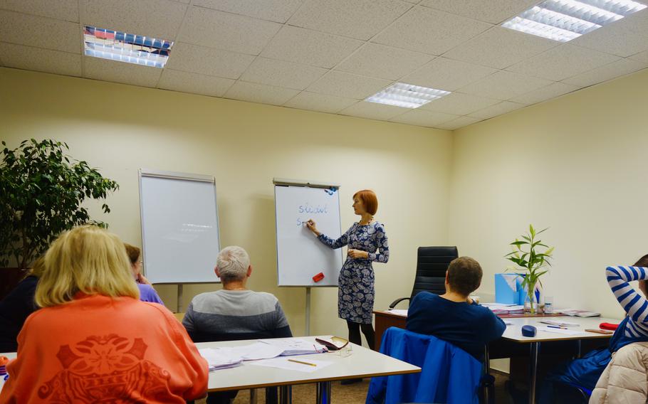Russian language speakers attend a Latvian language class in Riga, Latvia, in November.                     