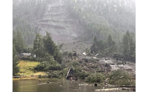 In this image provided by the U.S. Coast Guard is the aftermath of a landslide in Wrangell, Alaska on Tuesday, Nov. 21, 2023.  (U.S. Coast Guard photo via AP)
