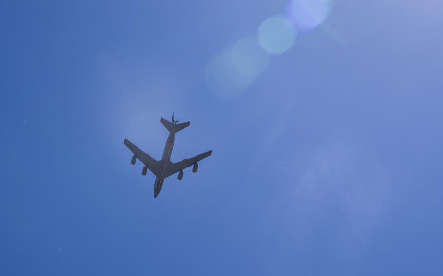 A KC-135 Stratotanker assigned to the 452nd Air Mobility Wing’s 336th Air Refueling Squadron performs a flyover in Moreno Valley, Calif., May 14, 2020. 