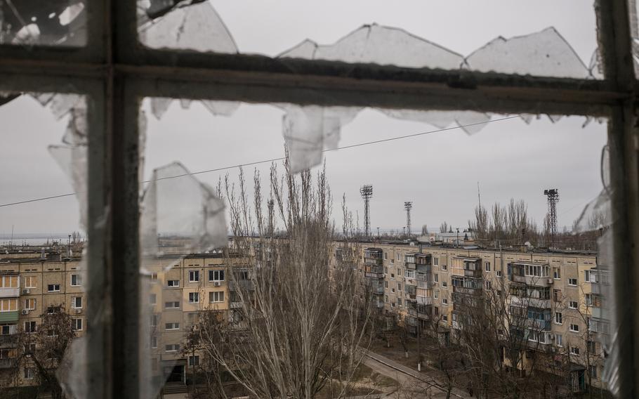 Nikopol seen from Lyudmila Kruhlenko’s shelled apartment.